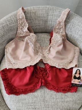 Lace Trim Underwire Bra - Blush & Red